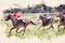 Racing horses and jockeys in speed approaching the finish line. Watercolor illustration