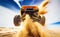 Racing offroad buggy jumping over dune in hot desert at high speed flying around made with generative AI