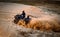 Racing powerful quad bike on the difficult sand in the summer