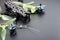Racing quadcopter in carbon frame with propellers on a dark background