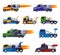 Racing Trucks Collection, Fast Heavy Sport Vehicles Freight Machines Flat Vector Illustration