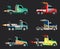 Racing trucks set. Powerful futuristic cars with jet engines fashionable coloring for extreme sports high speed on