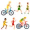 Racing vector bike people cyclist in action fast road biker man flat side front view illustration of cycling. Athlete