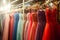 rack of colorful evening dresses in a boutique with soft lighting