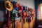 rack of colorful hats hanging on the wall