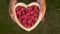 Rack focus clip of young woman holding a heart shaped wooden bowl of fresh red raspberries to camera