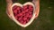 Rack focus of young woman holding a heart shaped wooden bowl of fresh raspberries outside