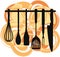 Rack of kitchen utensils.