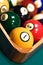 Racked billiard balls close up