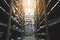 Racks with fittings on shelves at an industrial footwear factory. modern warehouse at the enterprise