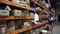 Racks in a manufactured goods store in a finished product warehouse