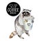 Racoon with coffee mug and stylish slogan, animal character isolated on white.