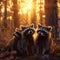 Racoon family in the forest with setting sun shining.