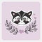 Racoon, skunk. Cute funny hand drawn animal with hearts, leaves and branches.
