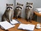 Racoons gathered around a desk and examining documents