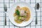 Rad Na, Famous Thai Chinese style wide rice noodle dish with tasty tender pork with thick gravy sauce. Flat lay with spoon and for