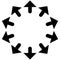 Radial, radiating arrows for expand, extend, explosion themes. Diverge, alignment concept circular pointers illustration. Spoke-