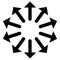 Radial, radiating arrows for expand, extend, explosion themes. Diverge, alignment concept circular pointers illustration. Spoke-