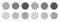 Radial sun burst. Black-white round sunburst icons. Starburst circles. Abstract stripes with center. Sunburst elements isolated on