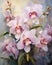 Radiant Beauty: A Monochromatic Display of Wild Orchids in a Pink Vase with Mother of Pearl Accents