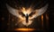 A radiant dove with outstretched wings illuminated by divine light in a dark corridor, symbolizing hope, peace, the Holy