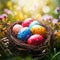 Radiant Egg Nest Harmony: Easter Eggs Nestled in the Beauty of Spring. Generative AI