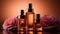 Radiant Elegance, Luxury Skincare in Amber Glass Bottles Set Against a Dusty Pink Rose Background. Generative AI