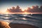 The Radiant Glow of Sunsets Behind Clouds, Sparkling Waves with White Foams Gently Crashing onto the Shoreline. AI generated
