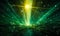Radiant green light beams radiating from a single luminous point with particles, depicting energy, vitality, or a mystical