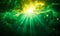 Radiant green light beams radiating from a single luminous point with particles, depicting energy, vitality, or a mystical