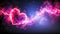 Radiant heart composed of swirling pink and purple lights floats against cosmic backdrop