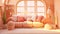 Radiant living room corner featuring chic peach fuzz couch with elegant fluffy pillows. Blush-toned plush sofa with soft cushions