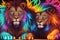 Radiant Neon Lion Portrait Majestic Feline Transformed with Bold Electric Colors. Luminous Fur and Glowing Eyes.