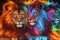 Radiant Neon Lion Portrait Majestic Feline Transformed with Bold Electric Colors. Luminous Fur and Glowing Eyes.