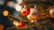 A radiant red and gold bauble decorates a Christmas tree, aglow with the twinkle of bokeh lights, embodying the magic and