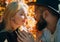 They radiate love. Bearded hipster man and tender blonde woman in love. Couple in love happy faces close up nature