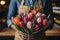 Radiating love and care, woman receives vibrant spring tulip bouquet, symbolizing seasonal beauty