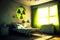 Radiation hazard sign hanging on wall in abandoned living space