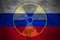 Radiation sign on the background of flag of Russia. The risk of nuclear war and radiation pollution