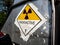 Radiation warning sign on the Dangerous goods transport label Class 7 at the side transport truck