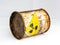 Radiation warning sign on the rusty old cylinder shape container of Radioactive material