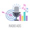 Radio ads icon. Radio microphone, arrow target and music sounds.