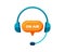 Radio broadcast or podcast studio logo. Headphones with microphone and chat speech bubble and on air inscription. Vector
