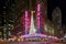 Radio City Music Hall, New York City exterior illuminated with neon and Christmas decorations at night