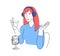 Radio host doodle drawing. Female podcaster speaking to mic microphone