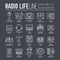 Radio life day thin line collection icon set. Old school tv equpment and workspace in office with Dj presenter man and