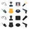 Radio, police officer badge, uniform cap, pistol.Police set collection icons in black,cartoon style vector symbol stock