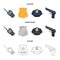 Radio, police officer badge, uniform cap, pistol.Police set collection icons in cartoon,outline,monochrome style vector