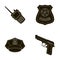 Radio, police officer s badge, uniform cap, pistol.Police set collection icons in black style vector symbol stock