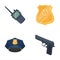 Radio, police officer`s badge, uniform cap, pistol.Police set collection icons in cartoon style vector symbol stock